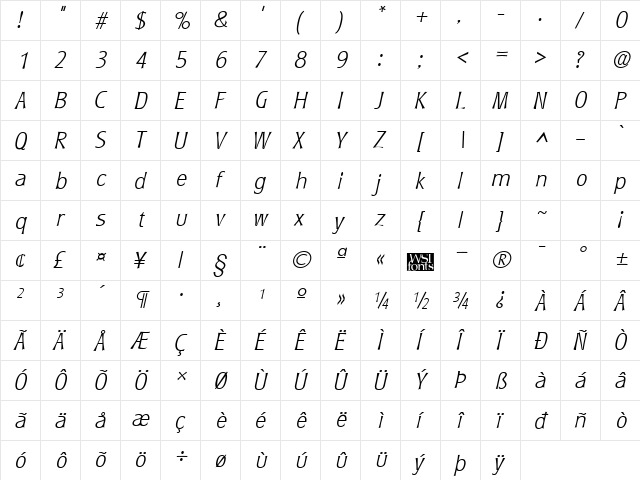 RyndersExtralight Italic font glyphpreview