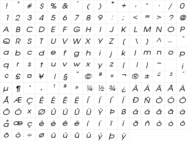 Atilla Wide Italic font glyphpreview