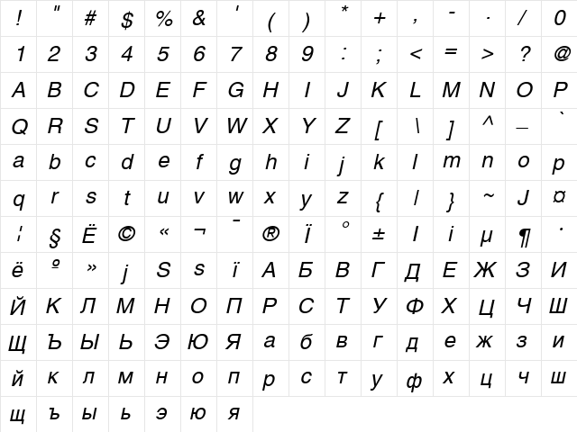 AGHelveticaCyr Oblique font glyphpreview