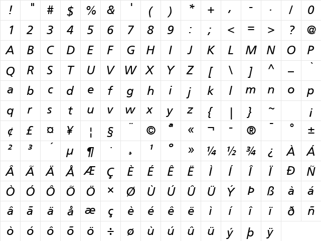 Frutiger LT Std 56 Italic font glyphpreview