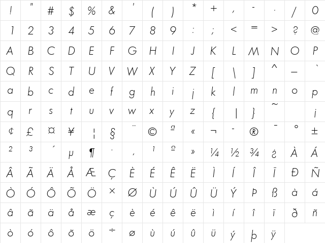 FuturaTLig Italic font glyphpreview