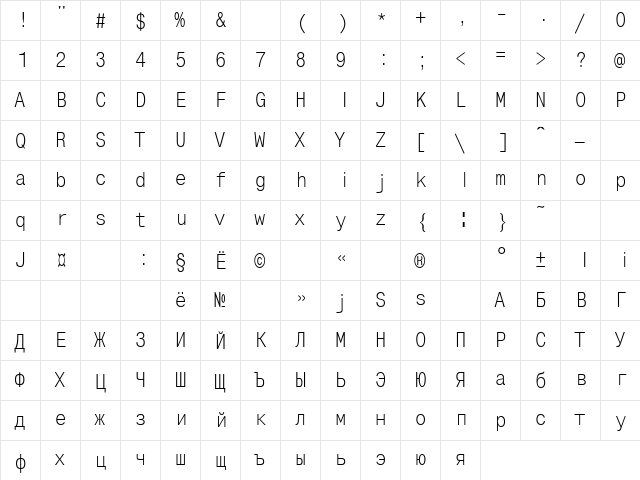Ukrainian?MonoCondensed Regular font glyphpreview