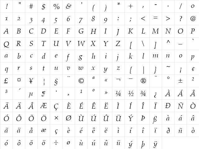 AldusOldstyleFigures RomanItalic font glyphpreview