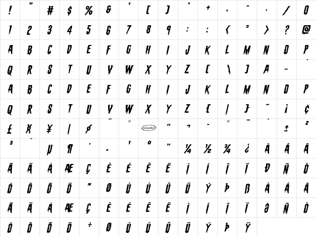 Eva Fangoria Expanded Italic Expanded Italic font glyphpreview