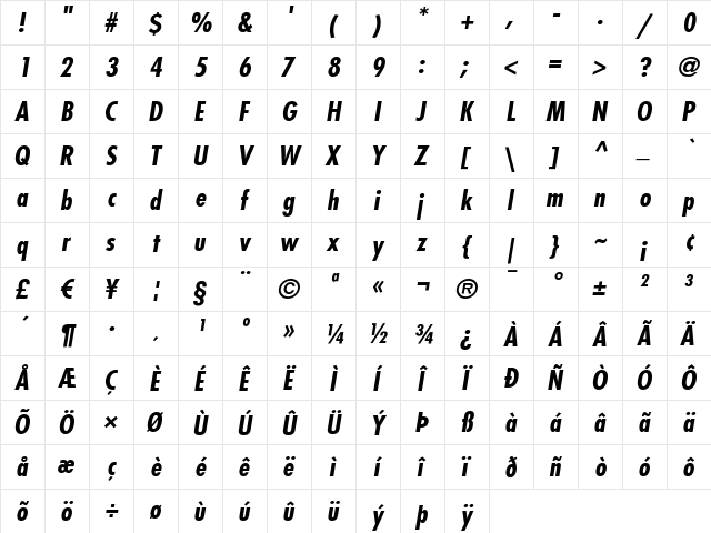 Futura LT CondensedBoldOblique font glyphpreview