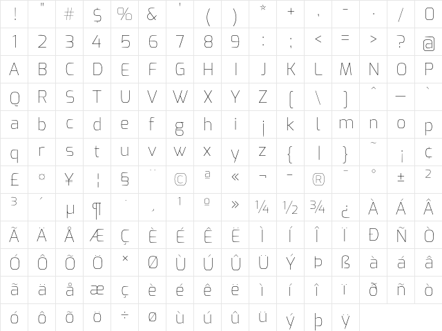 Exo Thin font glyphpreview