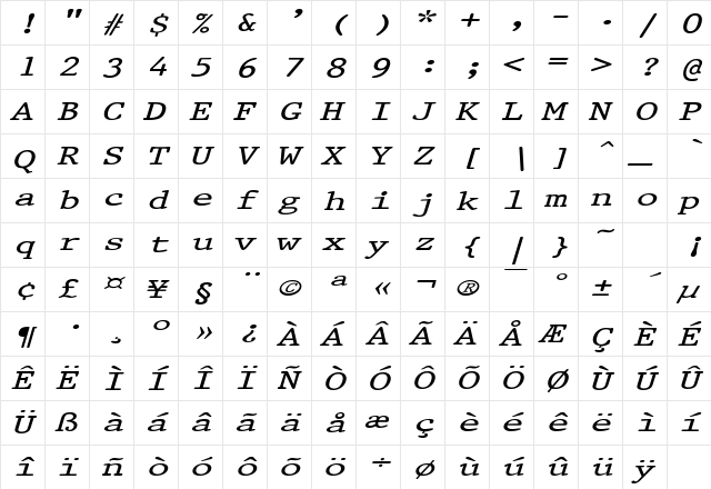 PrestigeExtended Italic font glyphpreview