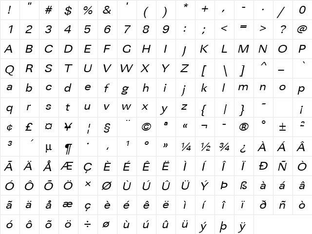 URWLinearTExtWid Oblique font glyphpreview