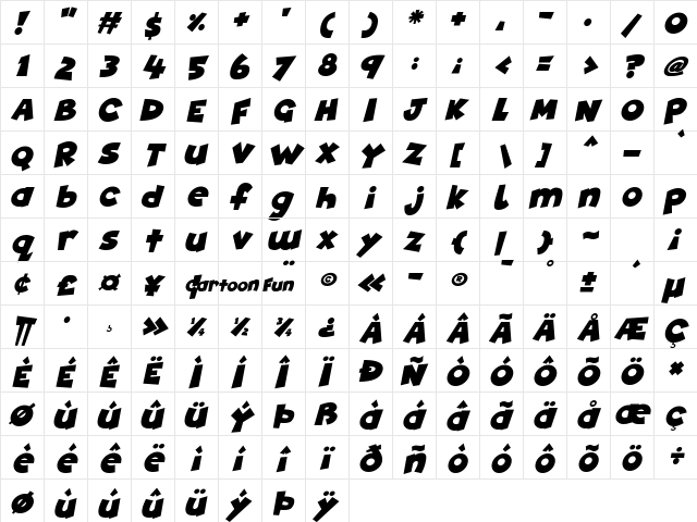 Cartoon Fun Italic font glyphpreview