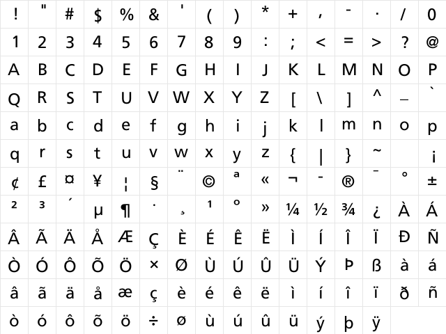 Frutiger LT Com 55 Roman font glyphpreview