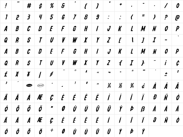 Yummy Mummy Expanded Italic Expanded Italic font glyphpreview