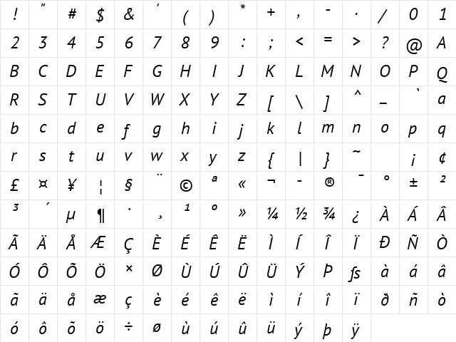 PT Sans Italic font glyphpreview
