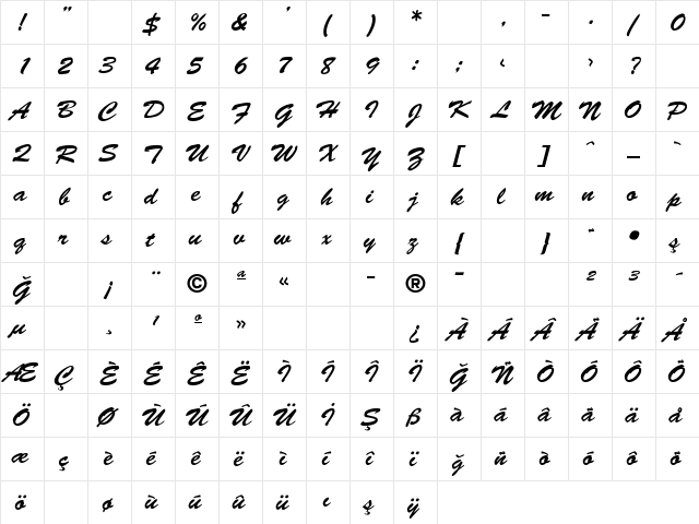 Brush Script Normal-Italic font glyphpreview