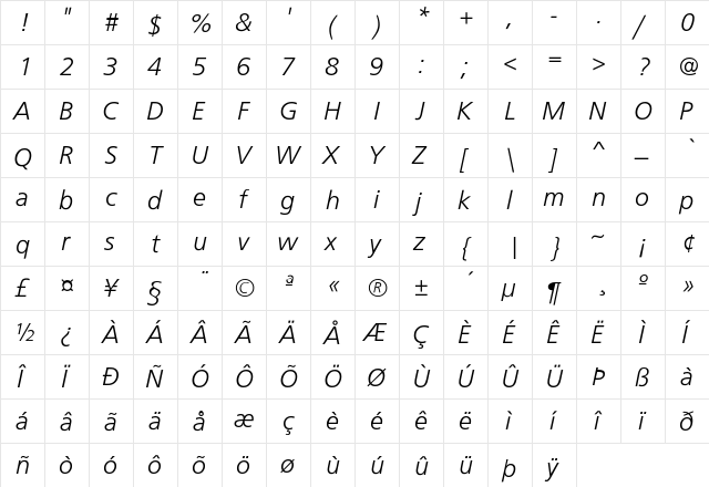 FrugalSans-LightItalic Regular font glyphpreview