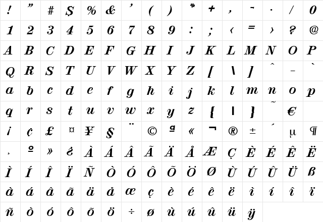 Valencia-BoldIta Regular font glyphpreview