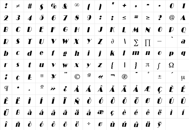 BroadwayCondensed Italic font glyphpreview