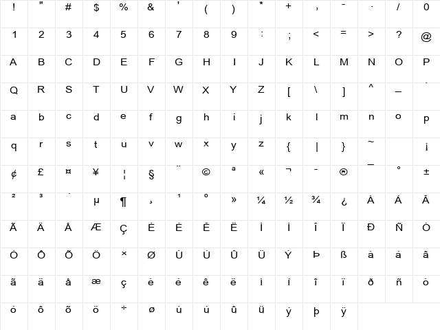 TWA LATIN1 H Regular font glyphpreview