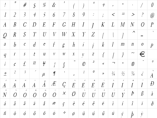 TrannCondensed Italic font glyphpreview