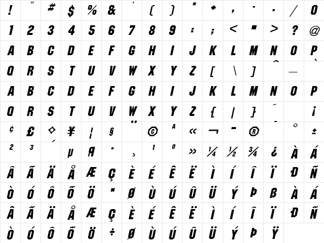 Pittsburgh Oblique font glyphpreview