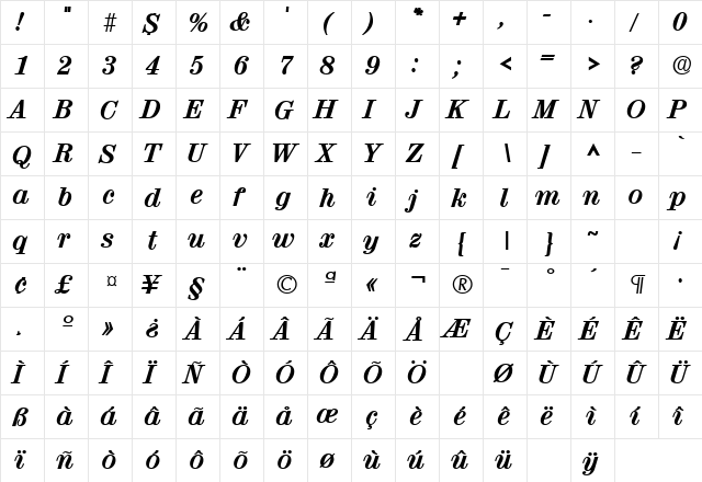 ValenciaLH Bold Italic font glyphpreview