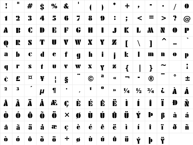 FuturaBlack Win95BT Regular font glyphpreview
