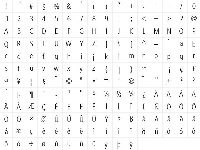 Frutiger LT Com 47 Light Condensed font glyphpreview