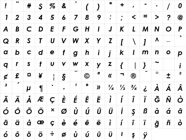 TR Century Gothic Bold Italic font glyphpreview