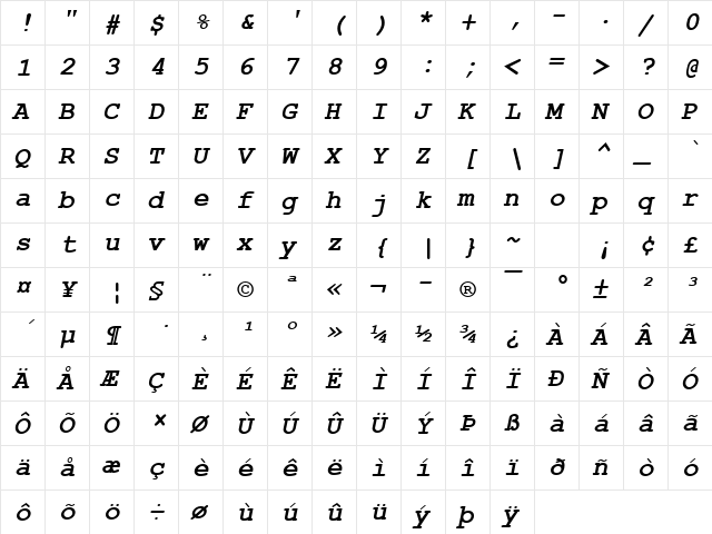 Courier New Bold Italic font glyphpreview