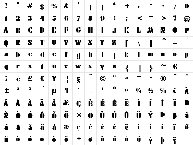 FuturaBlack BT Regular font glyphpreview
