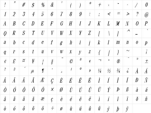 Feline Thin Italic font glyphpreview
