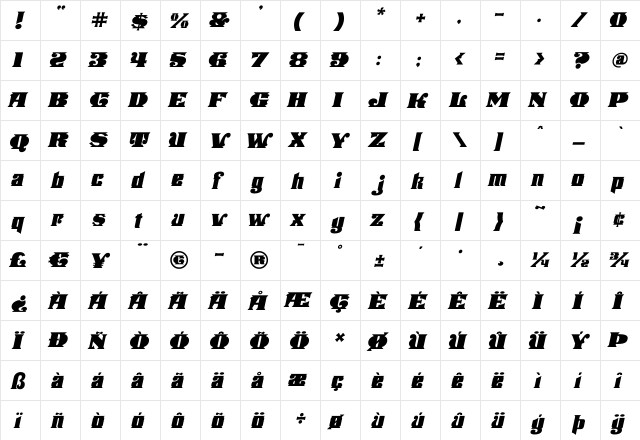 Stampede Italic Regular font glyphpreview