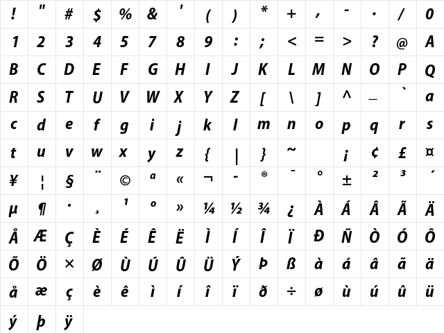 Myriad Pro Bold SemiCondensed Italic font glyphpreview