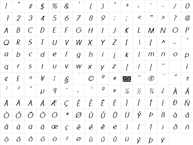 SharnayExtralight Italic font glyphpreview