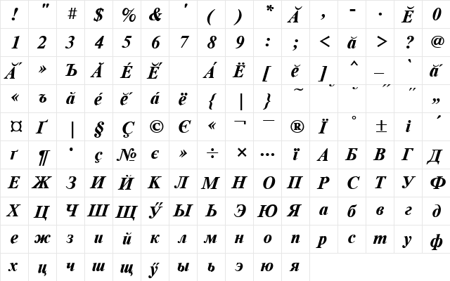 TimesET Chuvash Bold Italic font glyphpreview