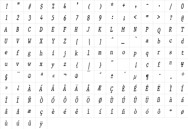 PrestigeCondensed Italic font glyphpreview