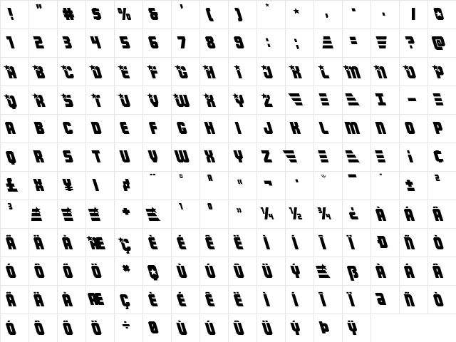 Army Rangers Leftalic Italic font glyphpreview