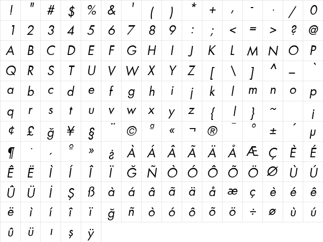 FuturaBookItalic Regular font glyphpreview