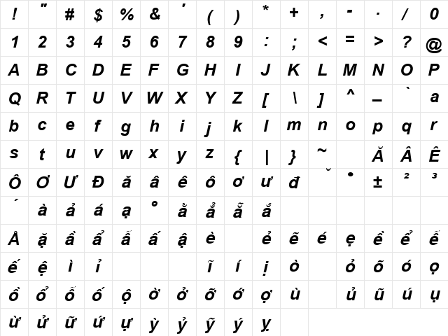 .VnArial Bold Italic font glyphpreview