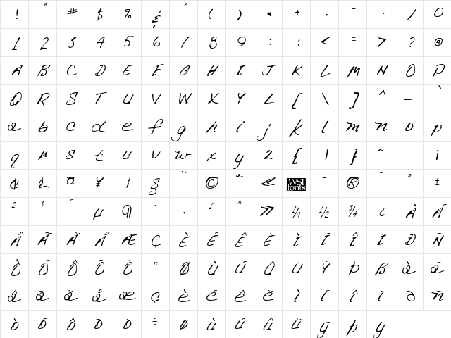SusansHand Regular font glyphpreview
