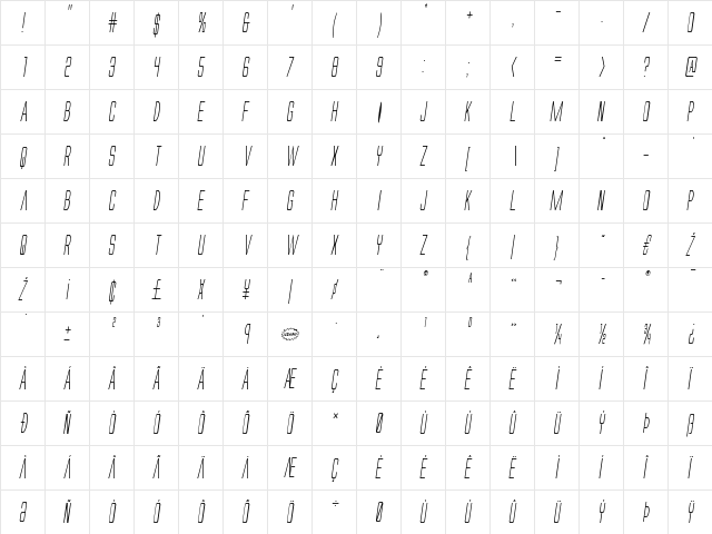 Alien League Condensed Italic Condensed Italic font glyphpreview