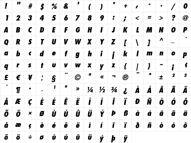 Futura LT CondExtraBoldObl font glyphpreview