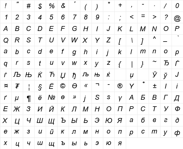 Arial Mon Italic font glyphpreview