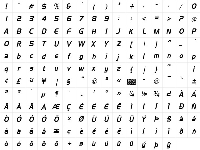 Slickerer kursiv font glyphpreview
