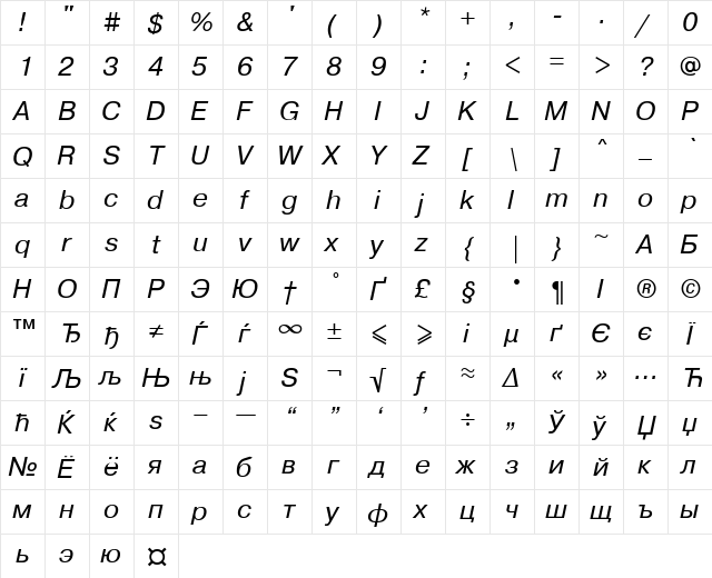 PragmaticaMACCTT Italic font glyphpreview