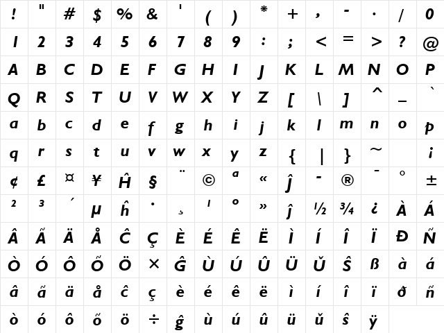 Humanst521 BT Eo Bold Italic font glyphpreview