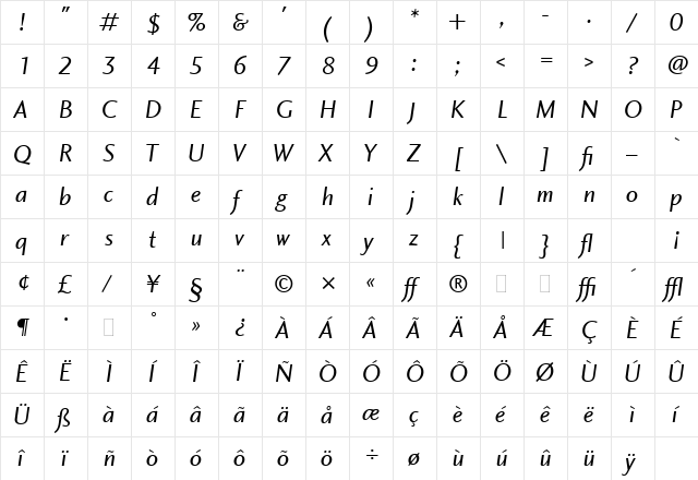 Charlotte Sans Book Italic LET Regular font glyphpreview