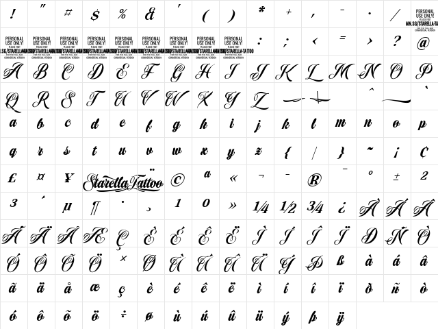 Starella Tattoo PERSONAL USE Regular font glyphpreview