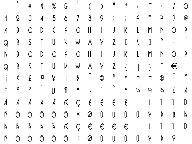 BosniaThin Normal font glyphpreview