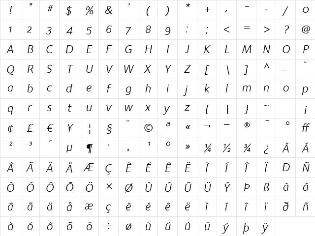 FoundrySterling-BookItalicOSF Regular font glyphpreview
