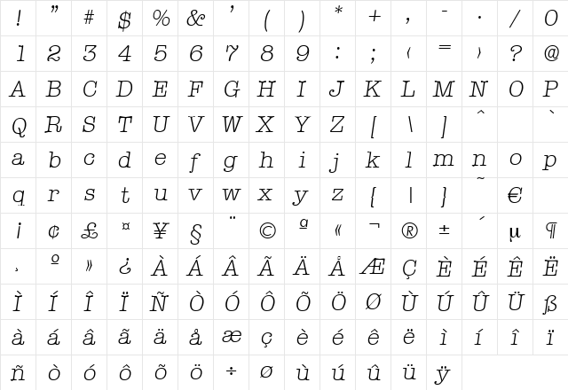 Typewriter-LightIta Regular font glyphpreview
